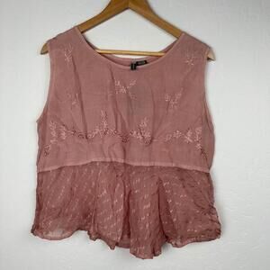 Womens Blouse Tank top Kaaku Pink free size Sheer embroidered‎ loose flowy